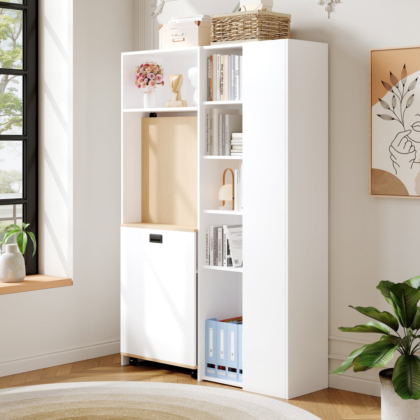 Foldable Desk With Shelves-2-in-1 Bookshelf And Desk, Foldable, With Socket And USB Port, Height-adjustable Shelves, Anti-tilt, White-desk,corner-desk-right