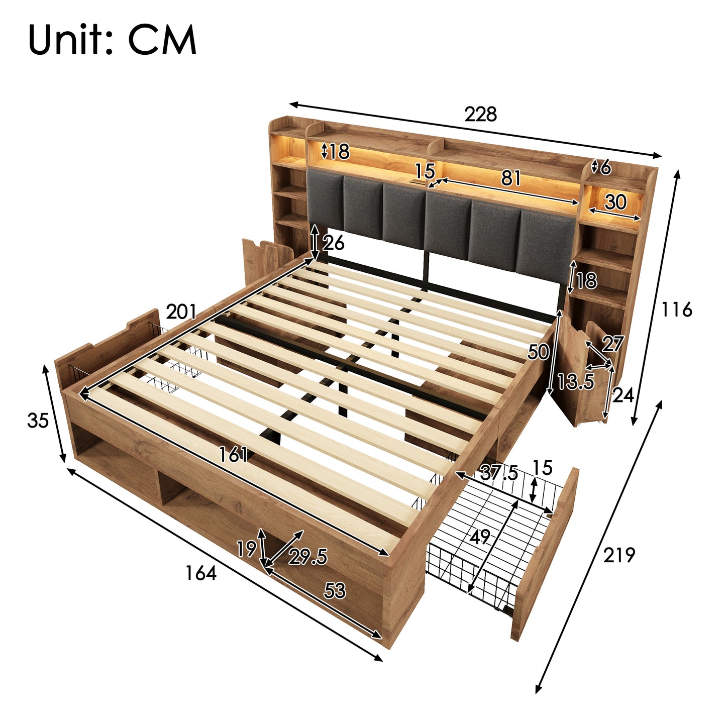160x200 Cm Double Bed System Bed, Oak Coloured, Upholstered Headboard With LED Lighting, Bedside Tables With USB And Type-C Ports, Storage Space And Sliding Drawers, Wooden Slatted Base Without Mattr