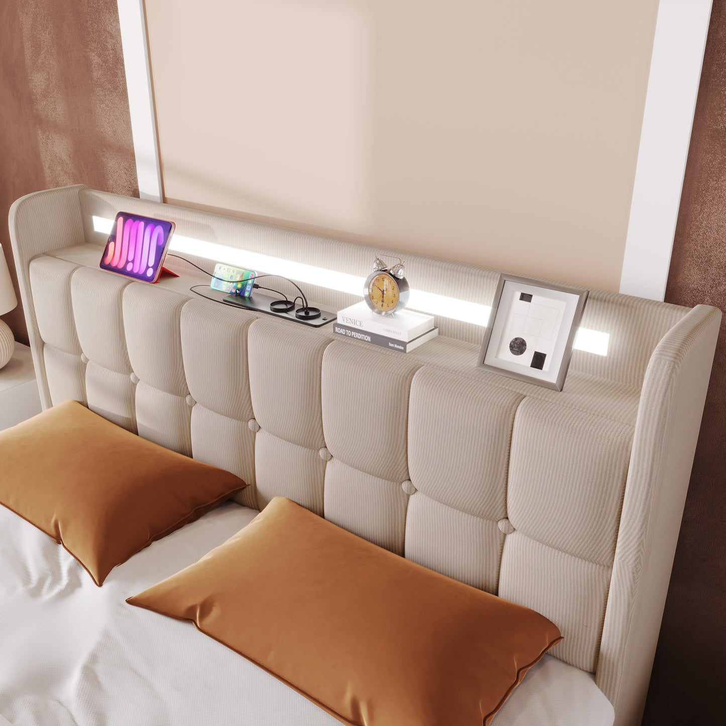 Sofa Bed With USB Charging Function, Headboard And LED Lighting And 4 Drawers, Double Bed 180x200cm, Storage Bed Frame, Wooden Spring Bed, Beige Without Mattress