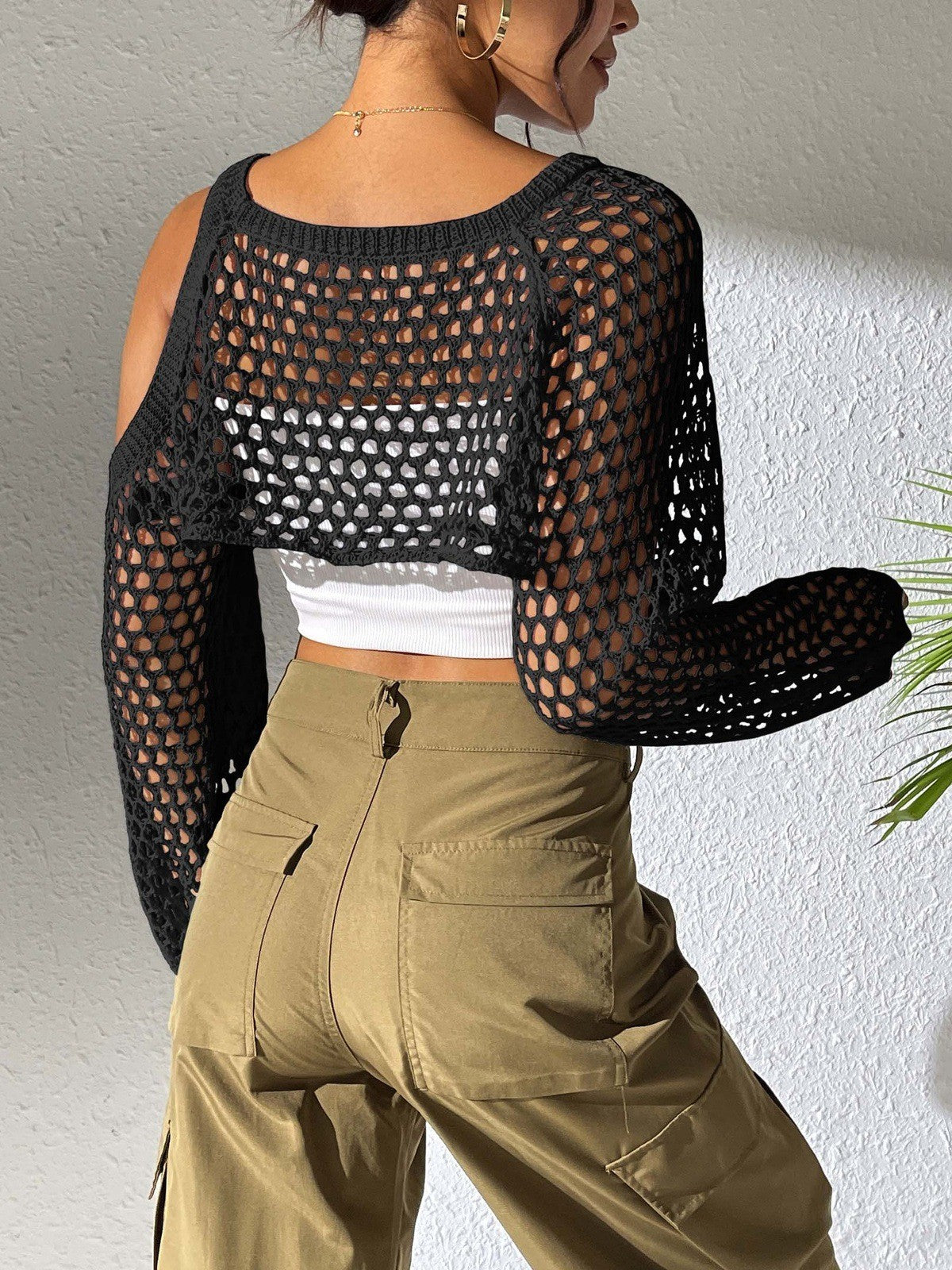 Women Sexy Cropped Crop Top, Hollow Knit Cover Up, European American Cross-border Fashion Casual Outerwear