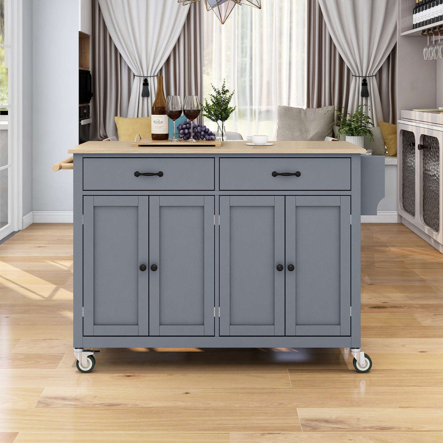Kitchen Island Cart With Solid Wood Top And Locking Wheels,54.3 Inch Width,4 Door Cabinet And Two Drawers,Spice Rack, Towel Rack  Grey Blue