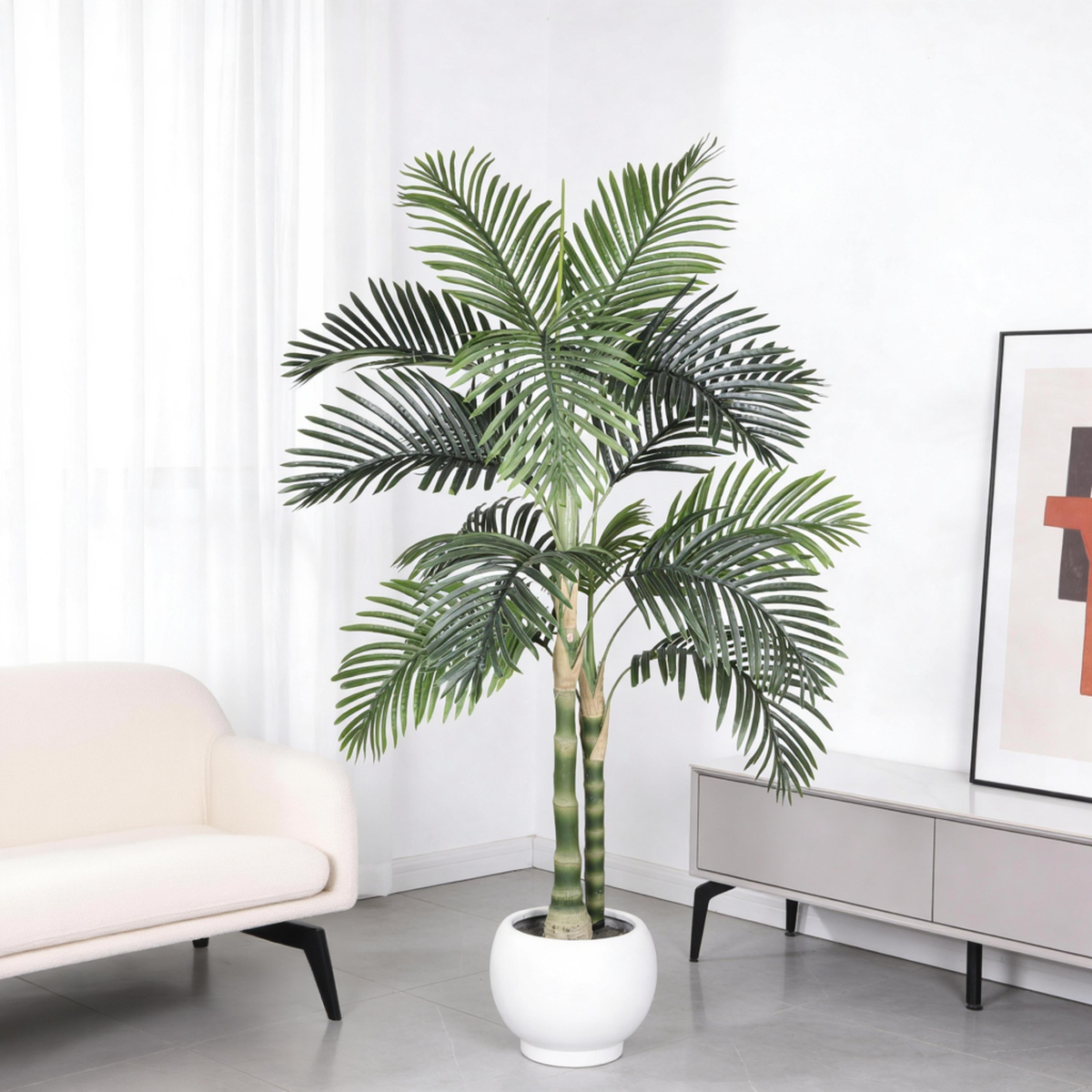 5FT Golden Cane Artificial Palm Tree with Black Plastic Pot, Tropical Fake Plant for Indoor Outdoor Decoration, Faux Palm, 1pc/set