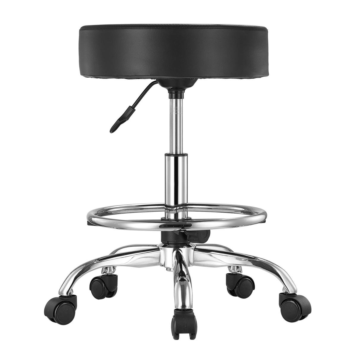 Rolling Stool With Foot Rest And Wheels, 450 LBS Weight Capacity Round Rolling Stool Chair, Height Adjustable Thickened PU Leather Swivel Stool For Salon, Spa, Massage, Tattoo, Clinic, Black