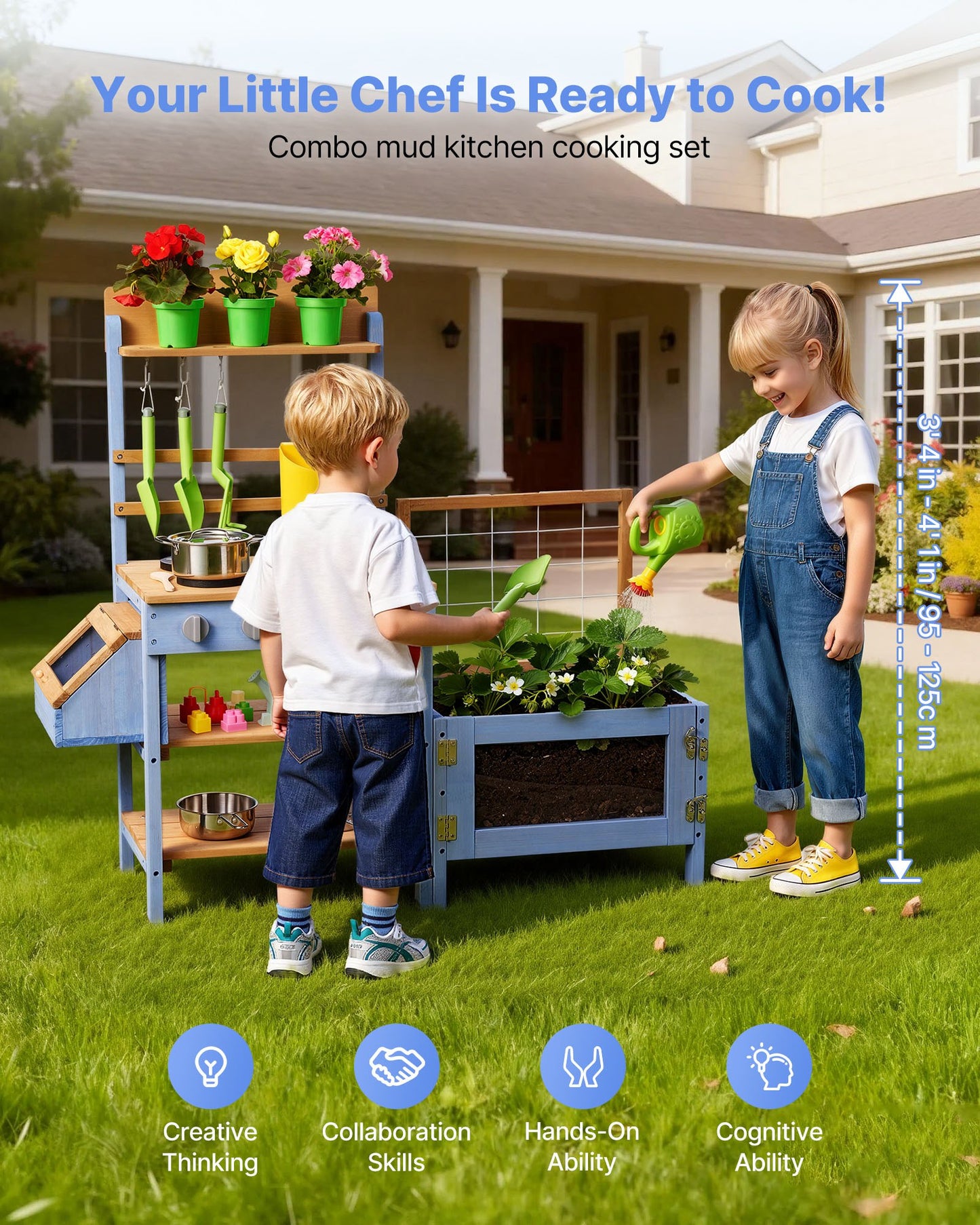 Mud Kitchen, Outdoor Mud Kitchen For Kids, Wood Outdoor Play Kitchens With Planting Box, Critter Catcher Container, Tank, Sink, Cookware Pots And Accessories, Wooden Play Kitchens For Lawn, Yard