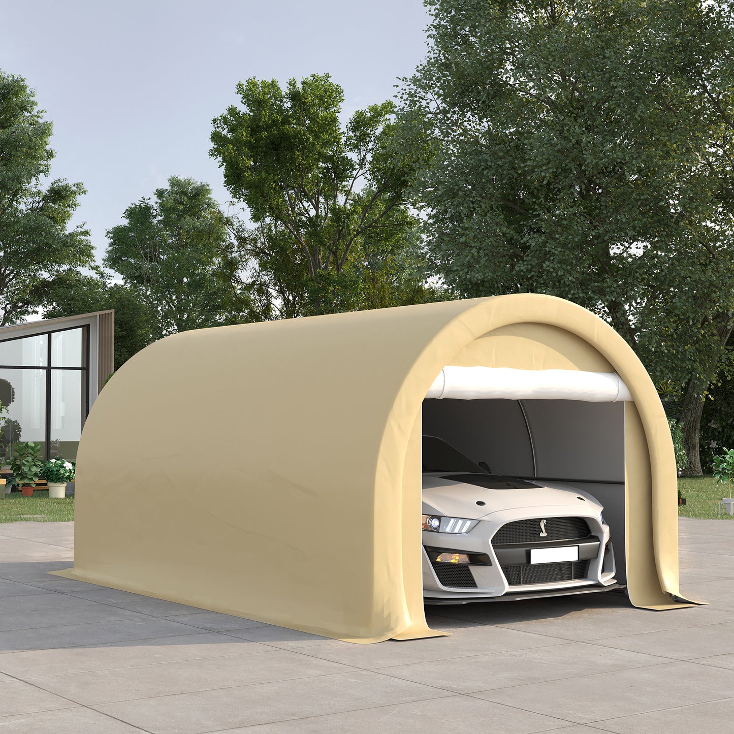 10 x 16 Carport, Heavy Duty Portable Garage Storage Tent with Large Zippered Door, Anti-UV PE Canopy Cover for Car, Truck, Boat, Motorcycle, Bike, Garden Tools, Outdoor Work, Beige