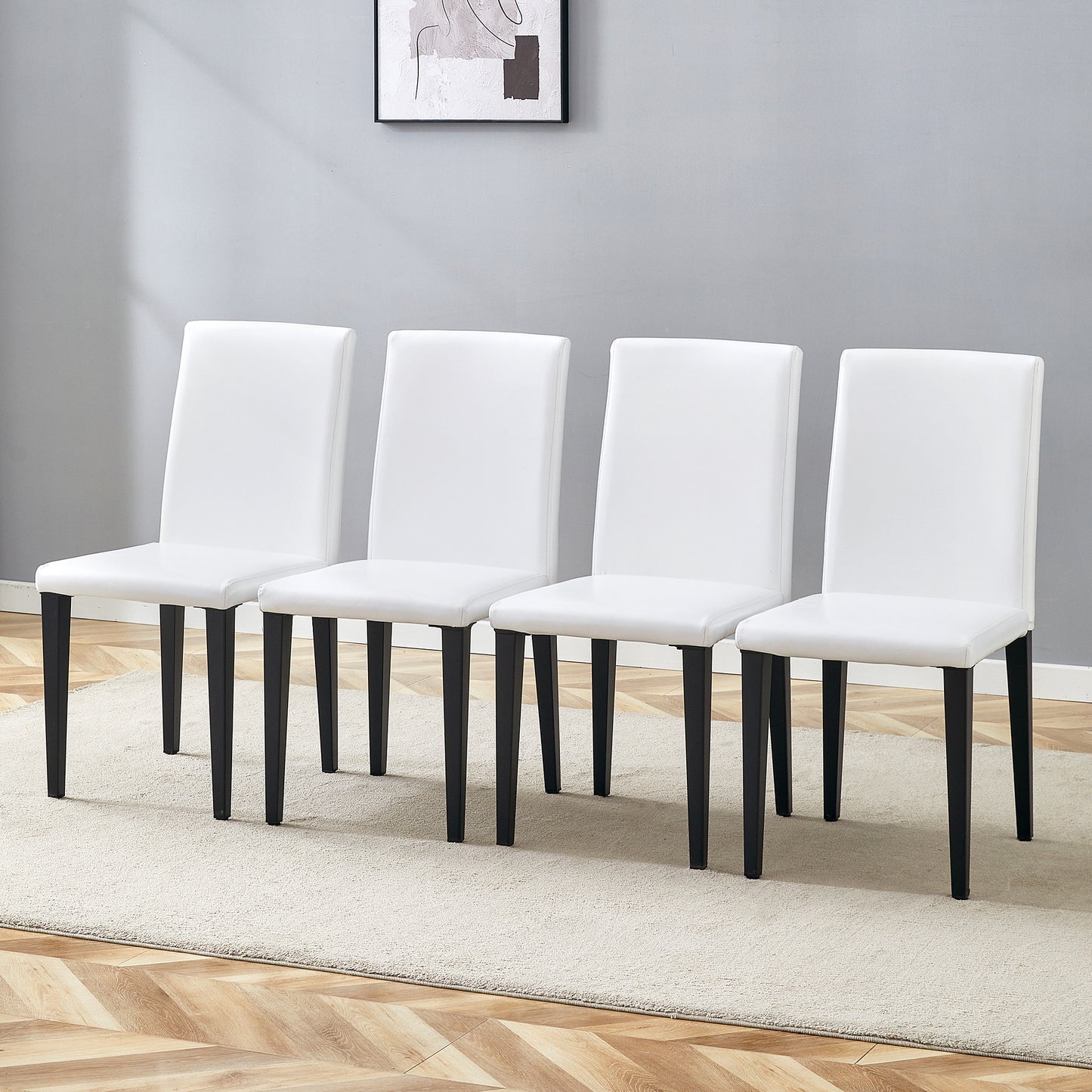 Set Of 4 White PU Dining Chairs 35.4  High, 18.5  Ergonomic Backrest, 17 X16  Sponge Seat, Perfect For Dining Room, Home Office & Living Space, Stylish & Comfortable.Black Metal Leg.