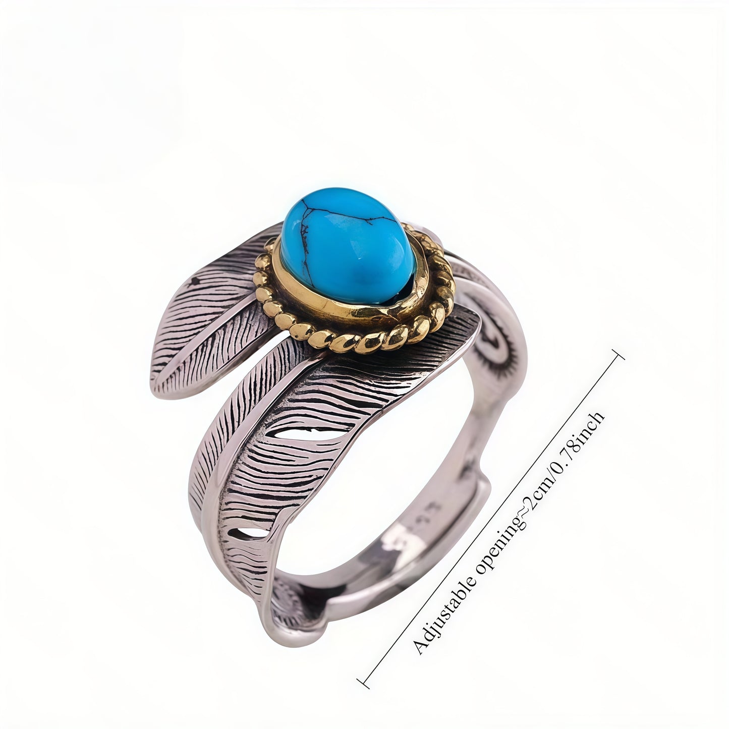Two-Tone Vintage Feather Turquoise Open Adjustable Ring For Men Women, Copper Oxidized Silver Gold Bezel Western Tribal Boho Stackable Jewelry Gift