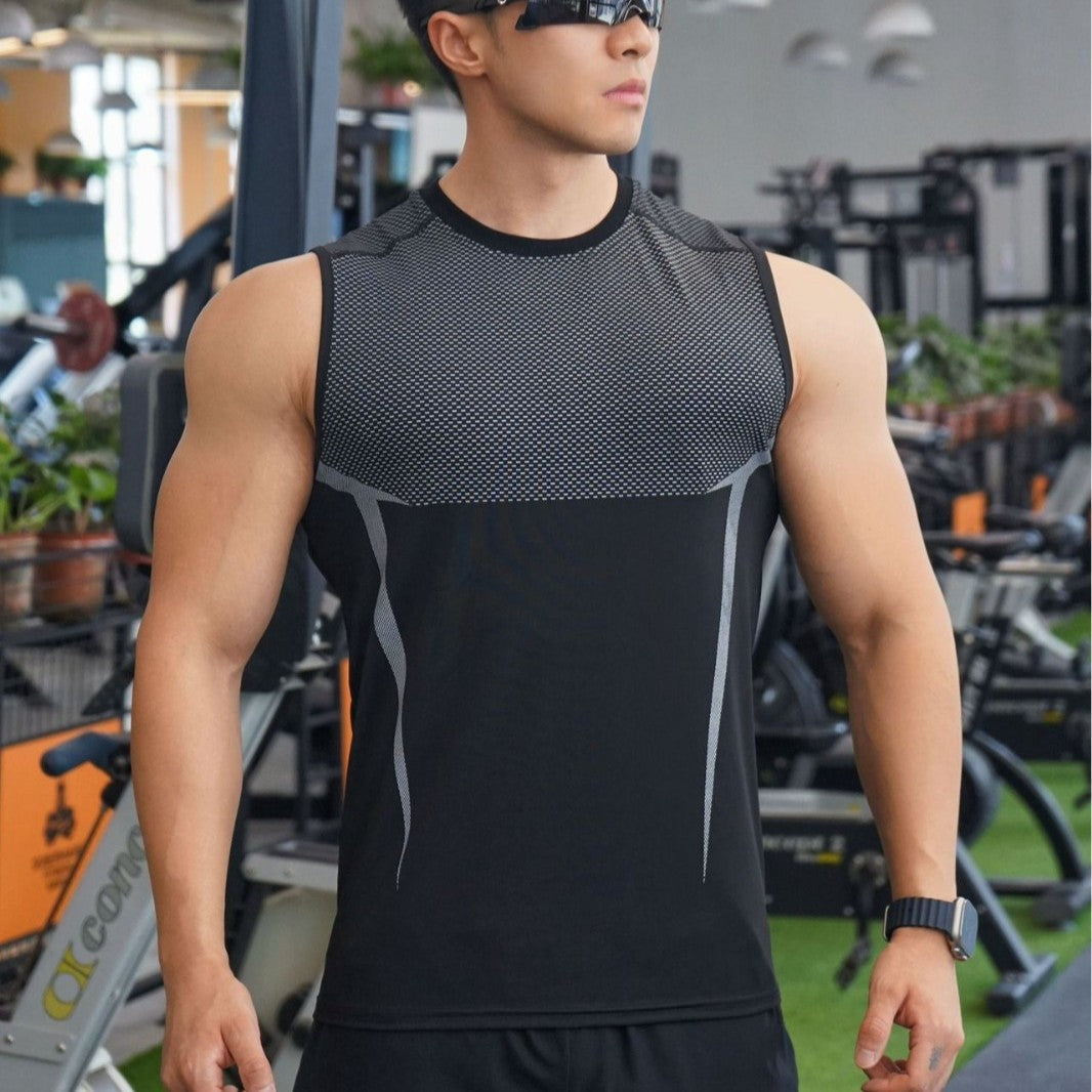 Men's Outdoor Running Training Sports Fitness Stretch Printed Breathable Solid-Color Top For Weightlifting