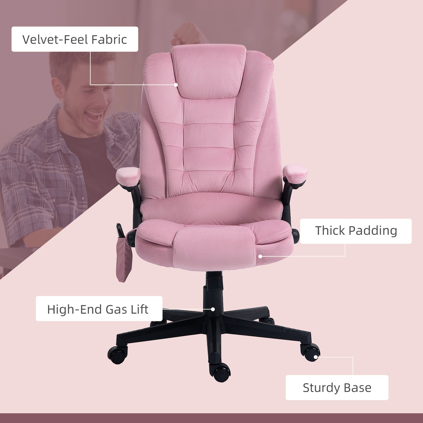 6 Point Executive Office Chair with Heat, Velvet High Back Vibrating Massage Office Chair, Pink