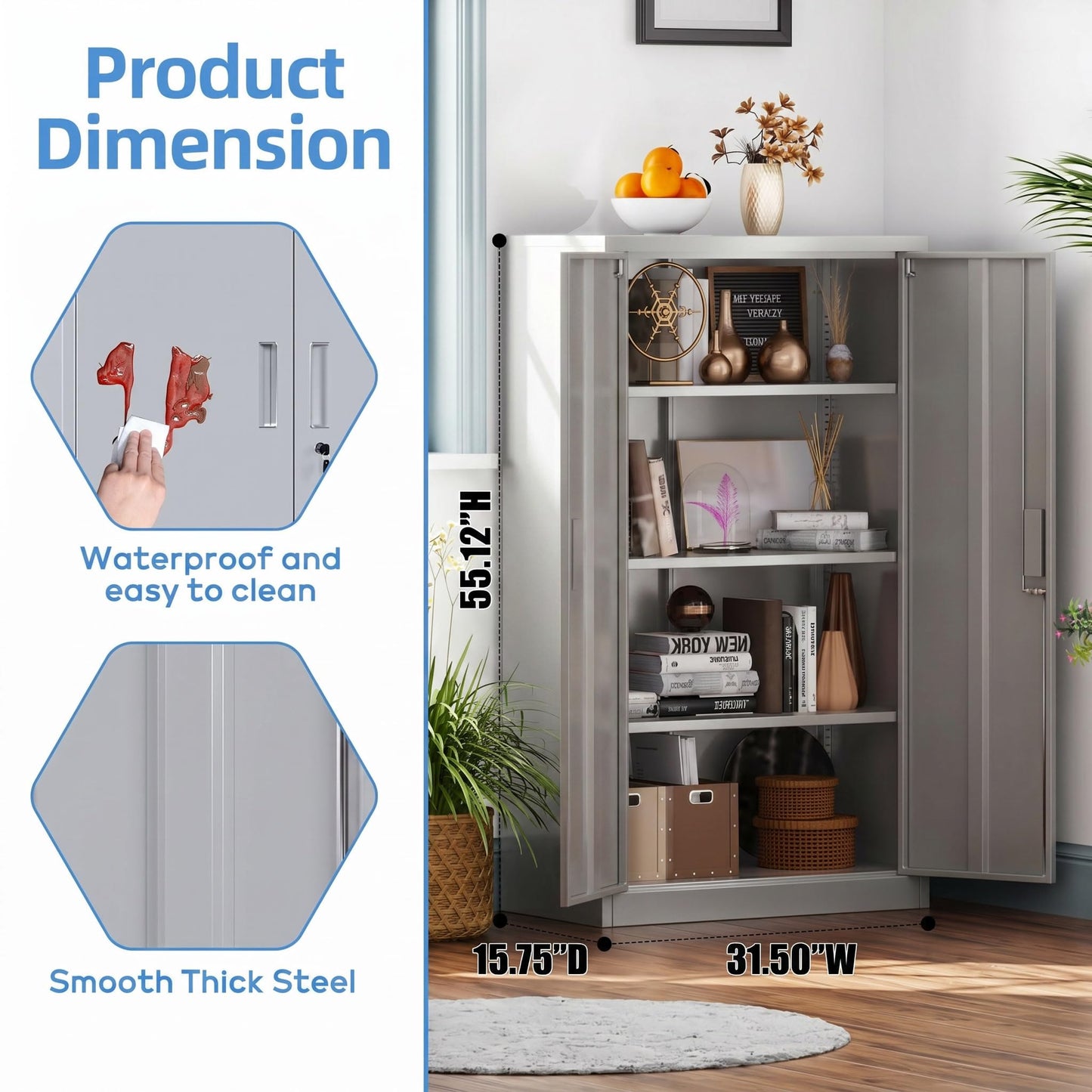 Metal Garage Storage Cabinet, Lockable Steel Storage Cabinet With 3 Adjustable Shelves For Garage, Office, Home, Assembly Required, Gray