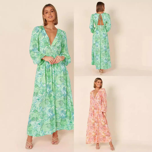 Printed Backless Deep-V Sexy Best-selling Long-sleeve Dress