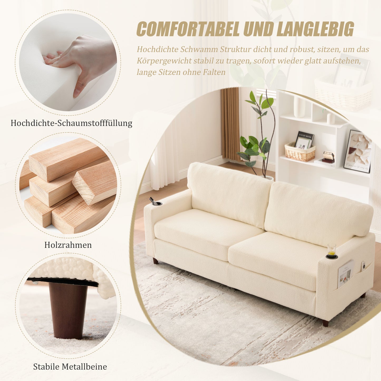 Modern 2-person Chenille Sofa With USB-C, LED Ambiance, Cup Holders And Side Pockets. Wood Metal Frame With Comfort Foam. Ideal For Living Room, Bedroom Or Office. Beige