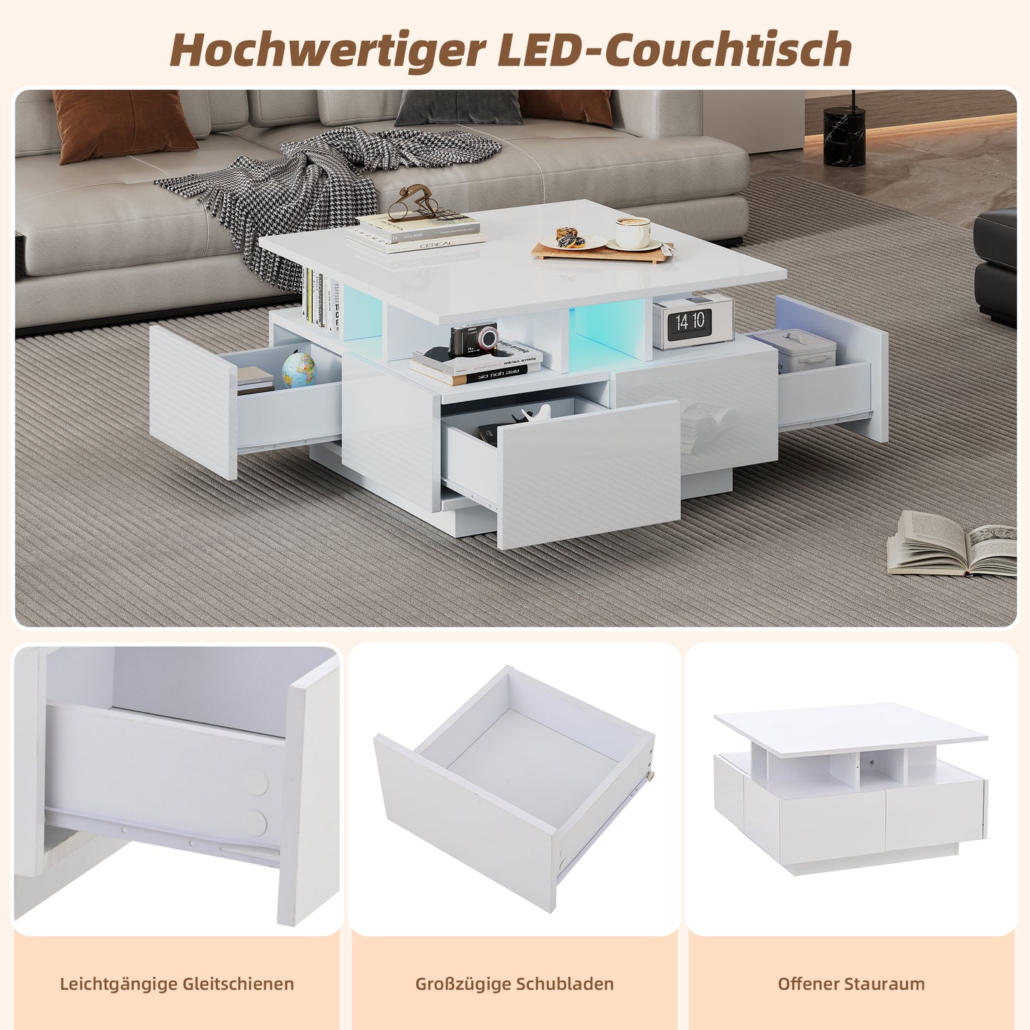 70X70X40cm Living Room Tea Table, High Gloss Coffee Table, Coffee Table With LED Light, Sofa Table With 4 Drawers, Side Table With Geometric Design, White, Total Load Capacity 30kg