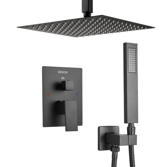 Shower Faucet Set, Rainfall Bathroom Shower System With 10-Inch Square Rain Shower Head And Handheld Spray, Ceiling Mount Bath Fixtures With Brass Valve And Trim Kit, Matte Black