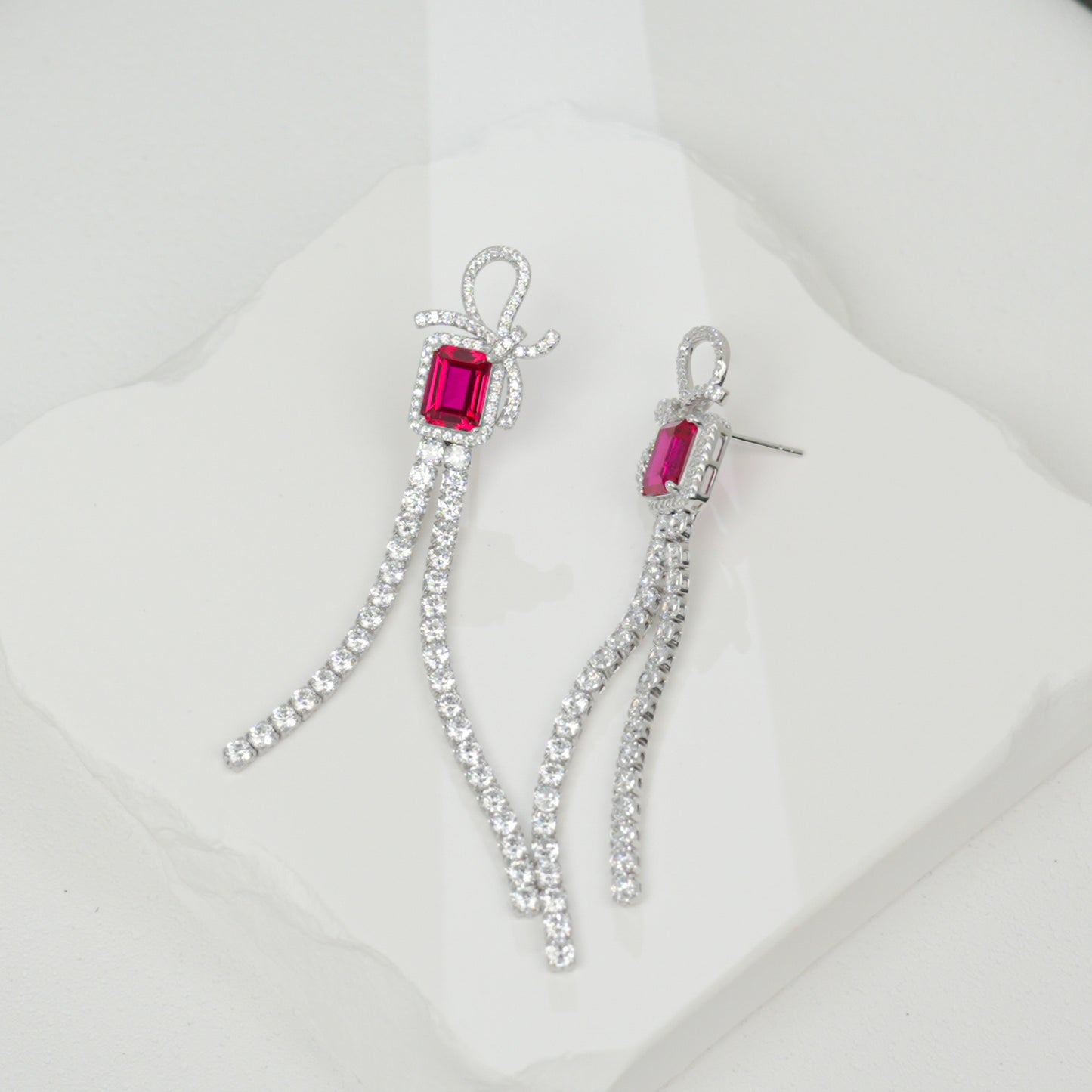 S925 Sterling Silver Bow Tassel Dangle Earrings, 8x6mm Lab-Grown Ruby & Emerald, Platinum Plated 8.1g Women's Luxury Jewelry Gift Box