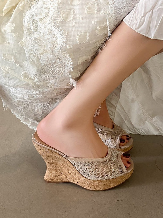 High Heels, Thick Soled Sandals, Women's Summer New Fashion, Lace Mesh, Hollowed Out, One-piece Slippers For External Wear