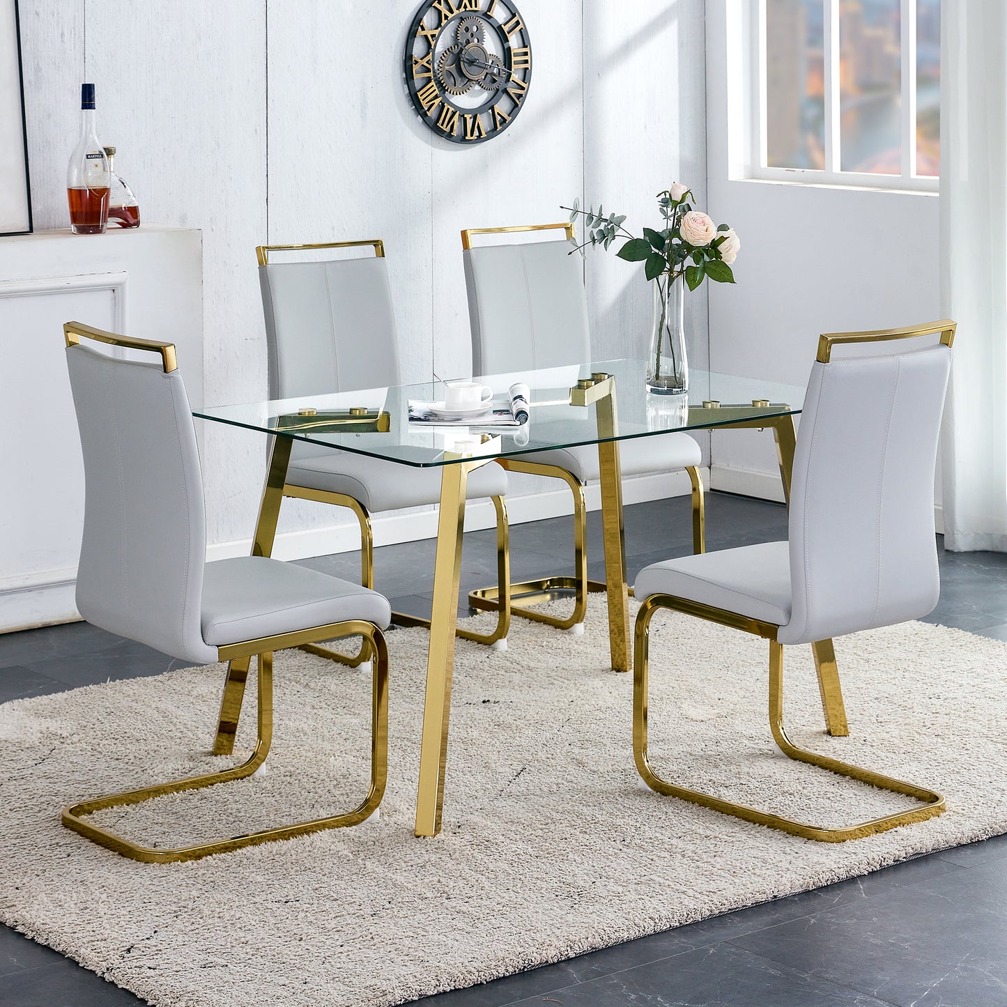 Modern Minimalist Style Rectangular Glass Dining Table With Tempered Glass Tabletop And Golden Metal Legs, Suitable For Kitchen, Dining Room, And Living Room, 51   X31.5x 29.5     1123