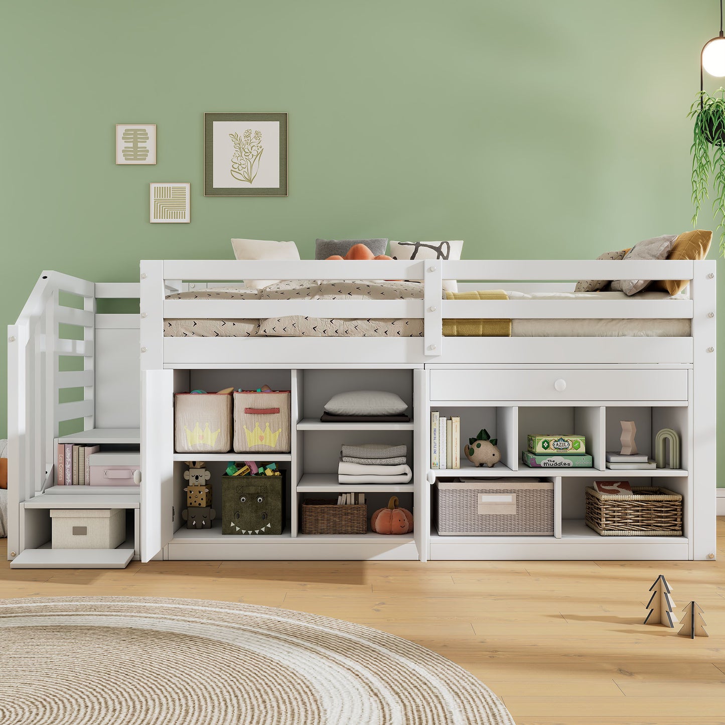 Multifunctional Wooden Cot, With Stairs And Storage Space, Stairs Cupboards Interchangeable Left And Right, Drawers Can Be Turned Around And Used As A Desk, 90x200, White OLD SKU N634P182446780W