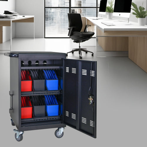 Tablet Laptop 32-bit-Plastic Device Basket Device For Mobile Charging Trolley- Includes Cable Management Dividers, Cable Clips, Storage Compartment, And Removable Doors  Black