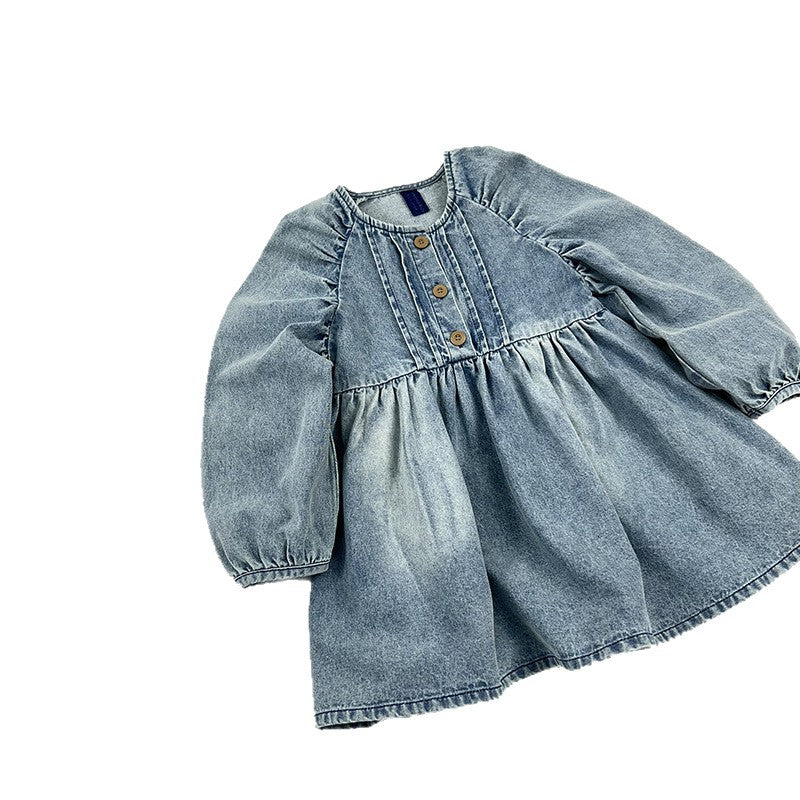 Korean-style Washed Vintage Denim Dress For Girls