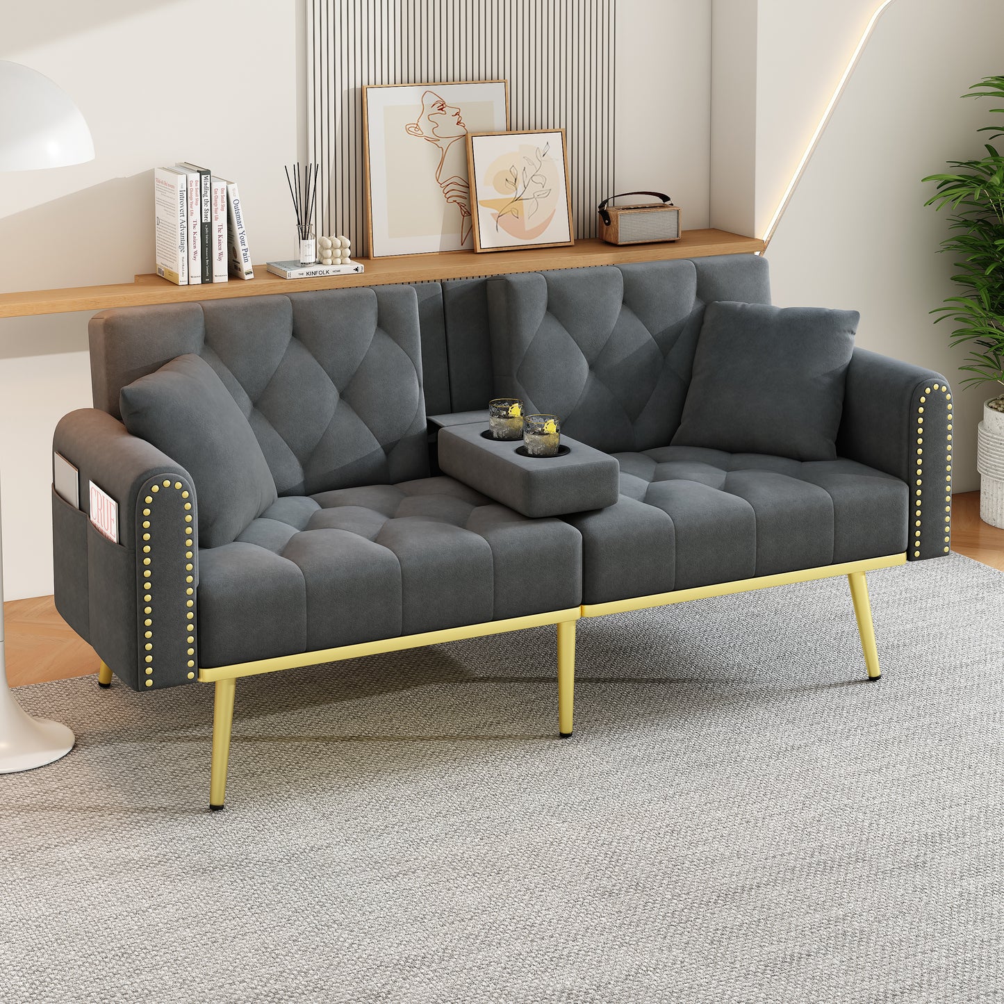Double Fold Out Sofa Bed With Reclining Function, Three Adjustable Tilt Angles And Cup Holder. Suitable For Living Room, Bedroom, Home Theater Or Guest Room. Fabric Cover. Gray.