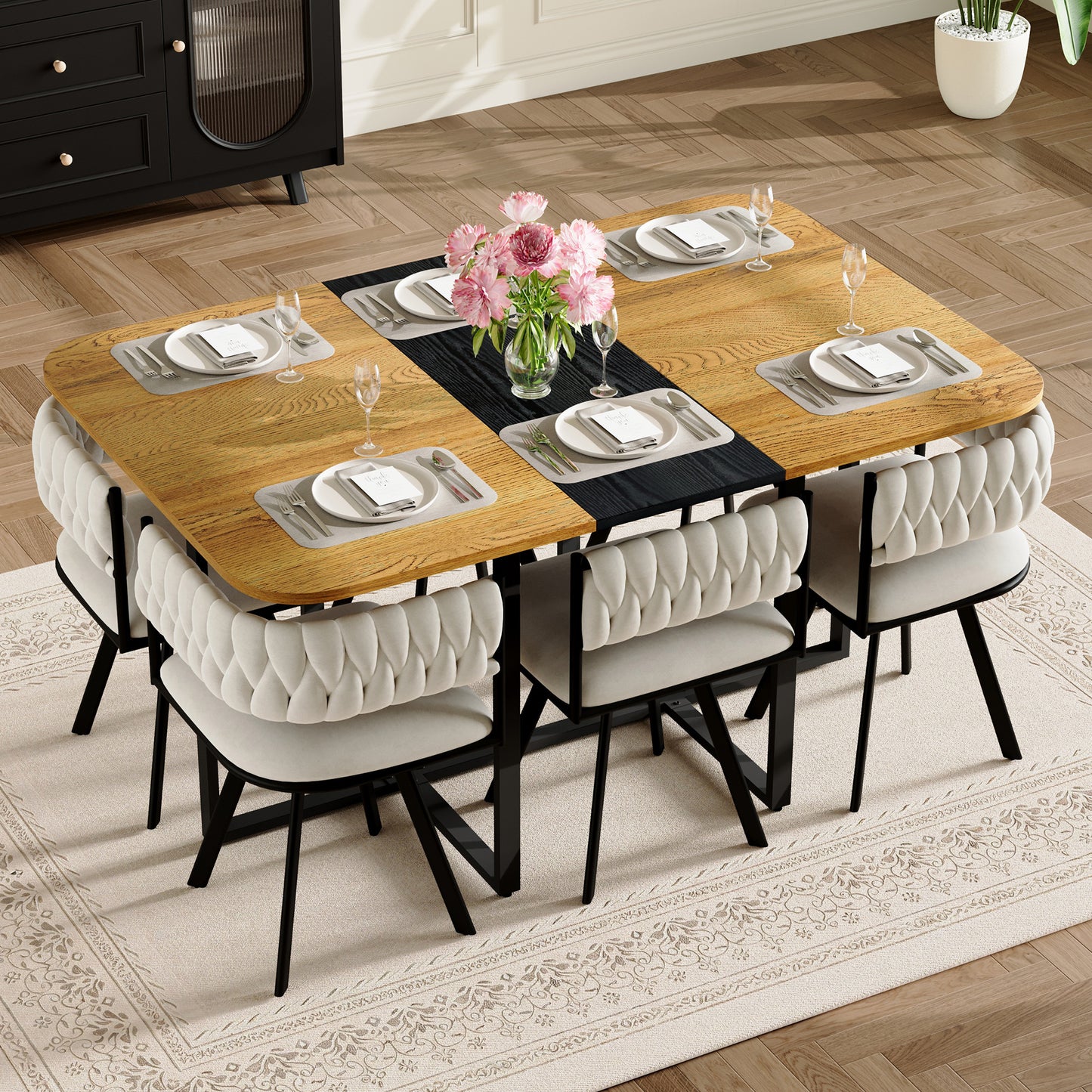 7-Piece Rectangular Dining Table Set, Fixed Two-Tone Wood Grain & Black Triamine Tabletop With 6 Beige Velvet Chairs, Modern Kitchen Table Set For 6 People, Ideal For Small Spaces, Apartment