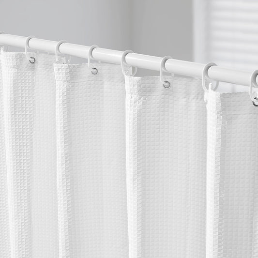White Fabric Shower Curtain, 240 GSM Weighted Waffle Shower Curtains, Polyester Curtain With Rust-Resistant Hooks, Machine Washable & Water Repellent, For Bathroom Showers, Bath Tubs, 72x72 In