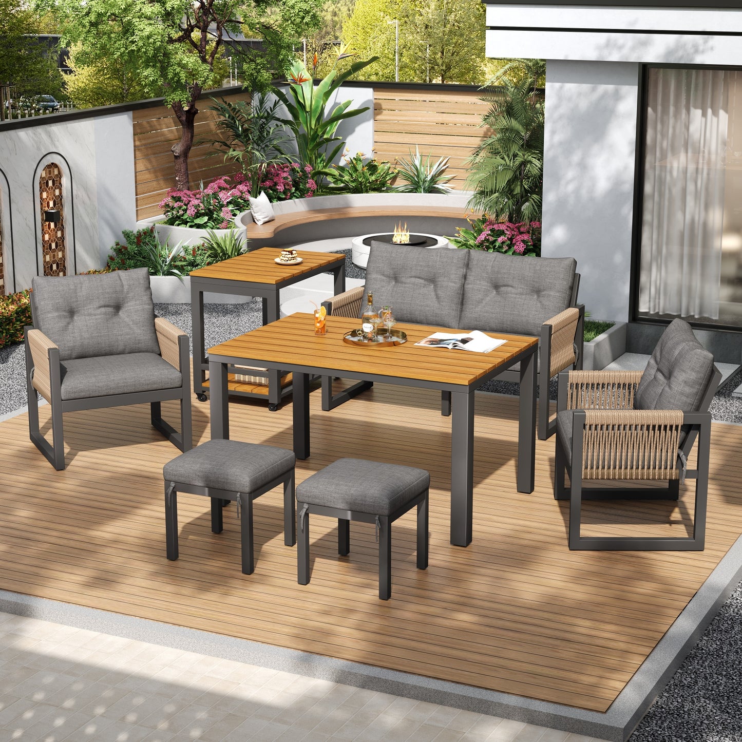 Modern Outdoor Sofa Set , Multi-Person Leisure And Meeting Set , Iron Frame , Braided Armrests , Seat Cushion Included , Multifunctional Table