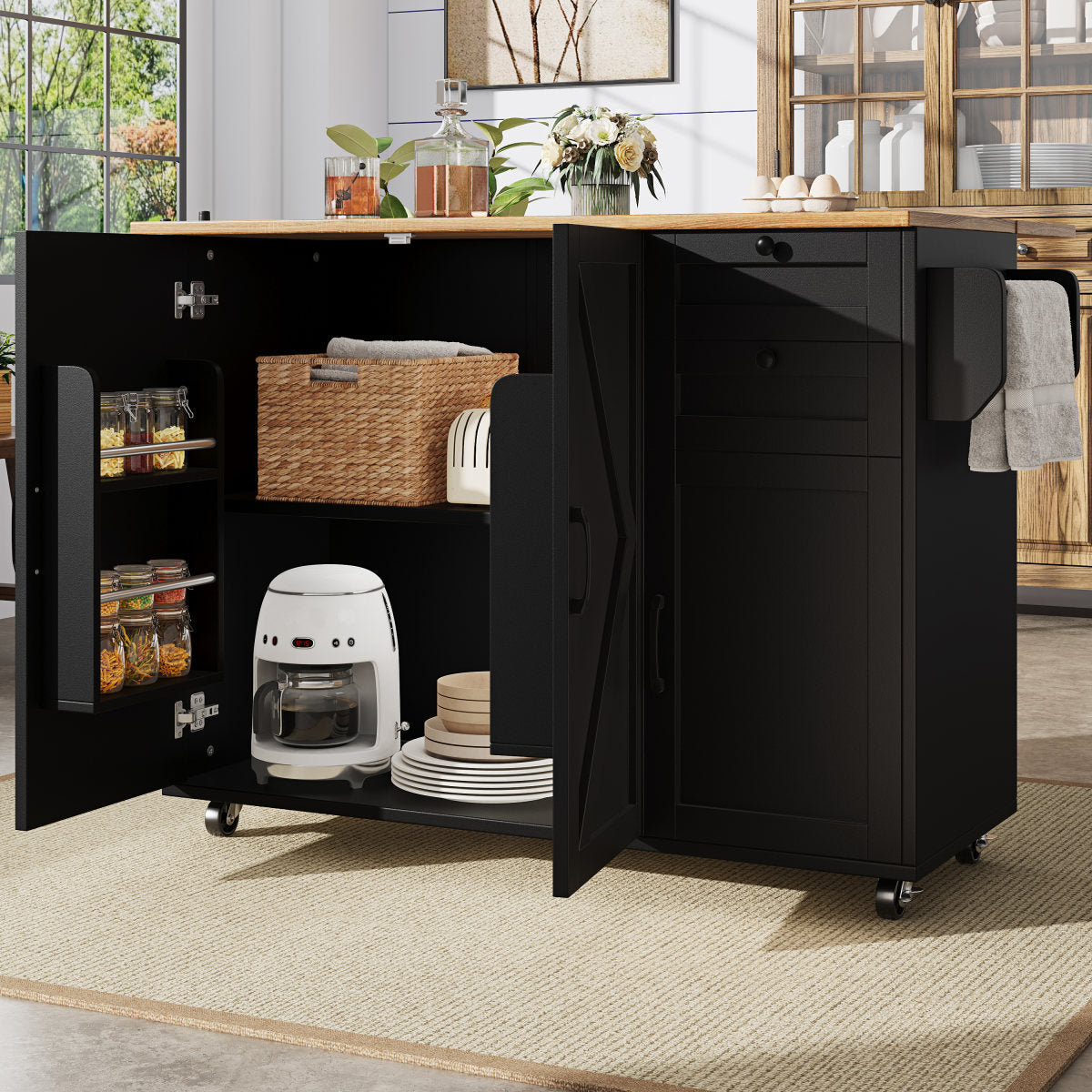 Modern Kitchen Island, Kitchen Cabinet, Sideboard, Food Trolley With Wood Grain, Buffet Cabinet, Multifunctional Dining Table With Storage Space, Food Trolley With Snack Shelves, Black