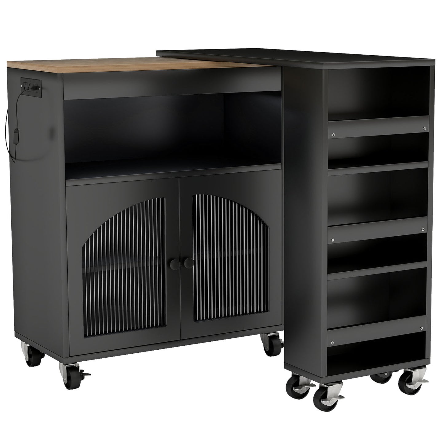 Kitchen Island On Wheels With Extended Table MDF Rolling Kitchen Storage Cart With LED Light Power Outlets 2 Fluted Glass Doors Side 3 Open Shelves Black US Plug