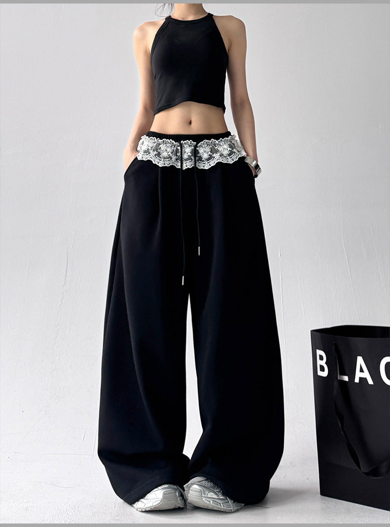 Solid-color Loose-fit Lace Drawstring Casual Korean-style Draping Sporty Laid-back Style