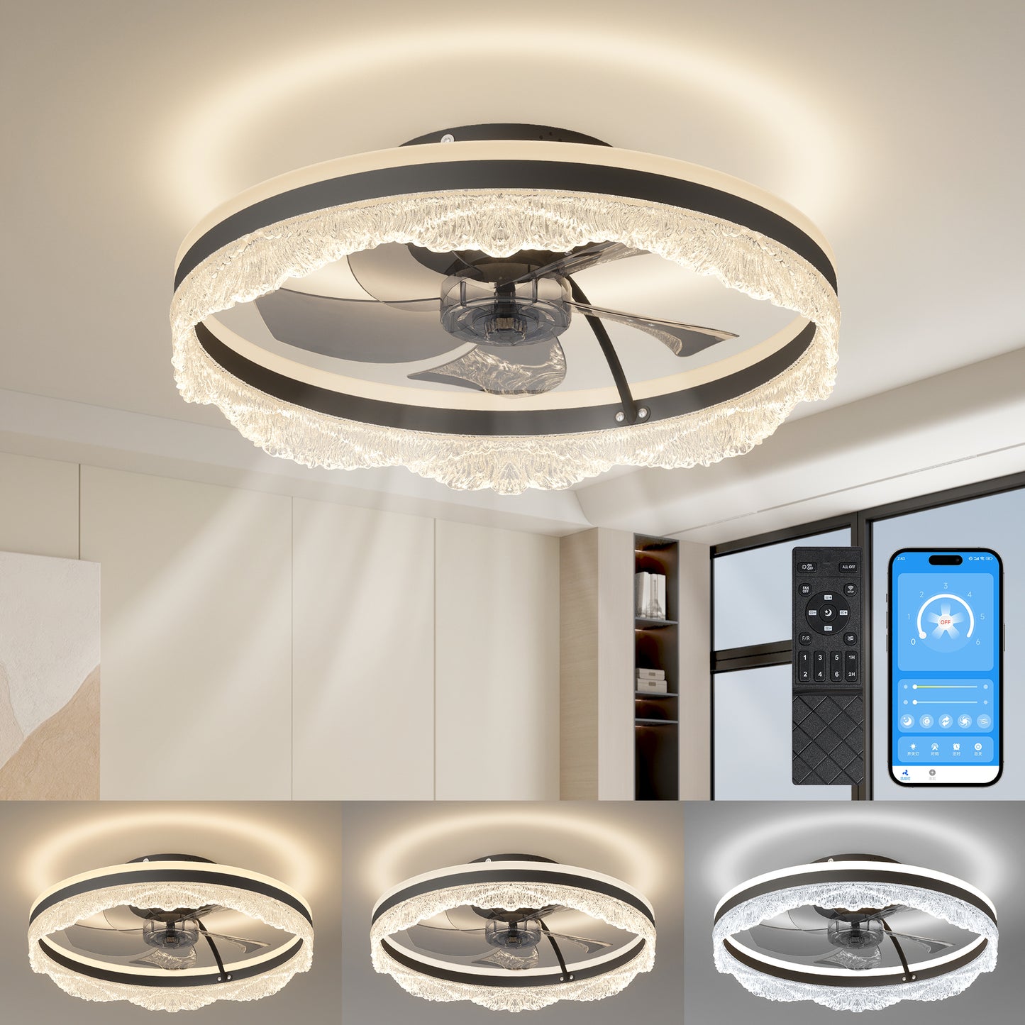 20 Smart Silent Ceiling Fan With Light  Crystal Flush Mount LED Fan Lamp With Hidden Blades And Natural Airflow System, Designed For Bedroom, Kids' Room And Study
