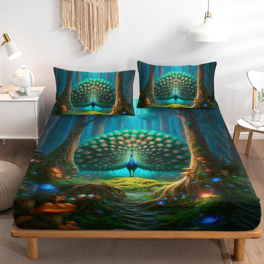 Green Peacock Print Bed Sheet Set Mystical Forest Fitted Sheet, Room Decor Animal Bedding Set Colorful Mushroom Pattern Bed Cover 3Pcs