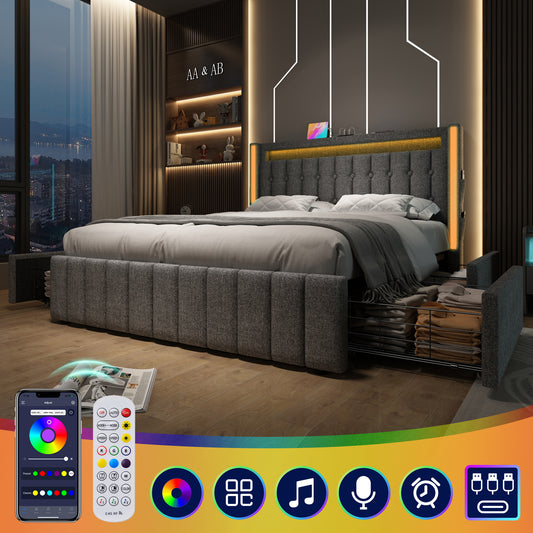 Sofa Bed USB Type C Charging Function LED Lighting And 4 Drawers, Youth Bed 160x200cm Double Bed Storage Bed Frame, Wooden Slats, Grey Without Mattress