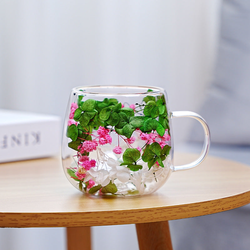 High-borosilicate Glass Tea Cup Internet-famous Double Layer Design With Real Flowers Inside