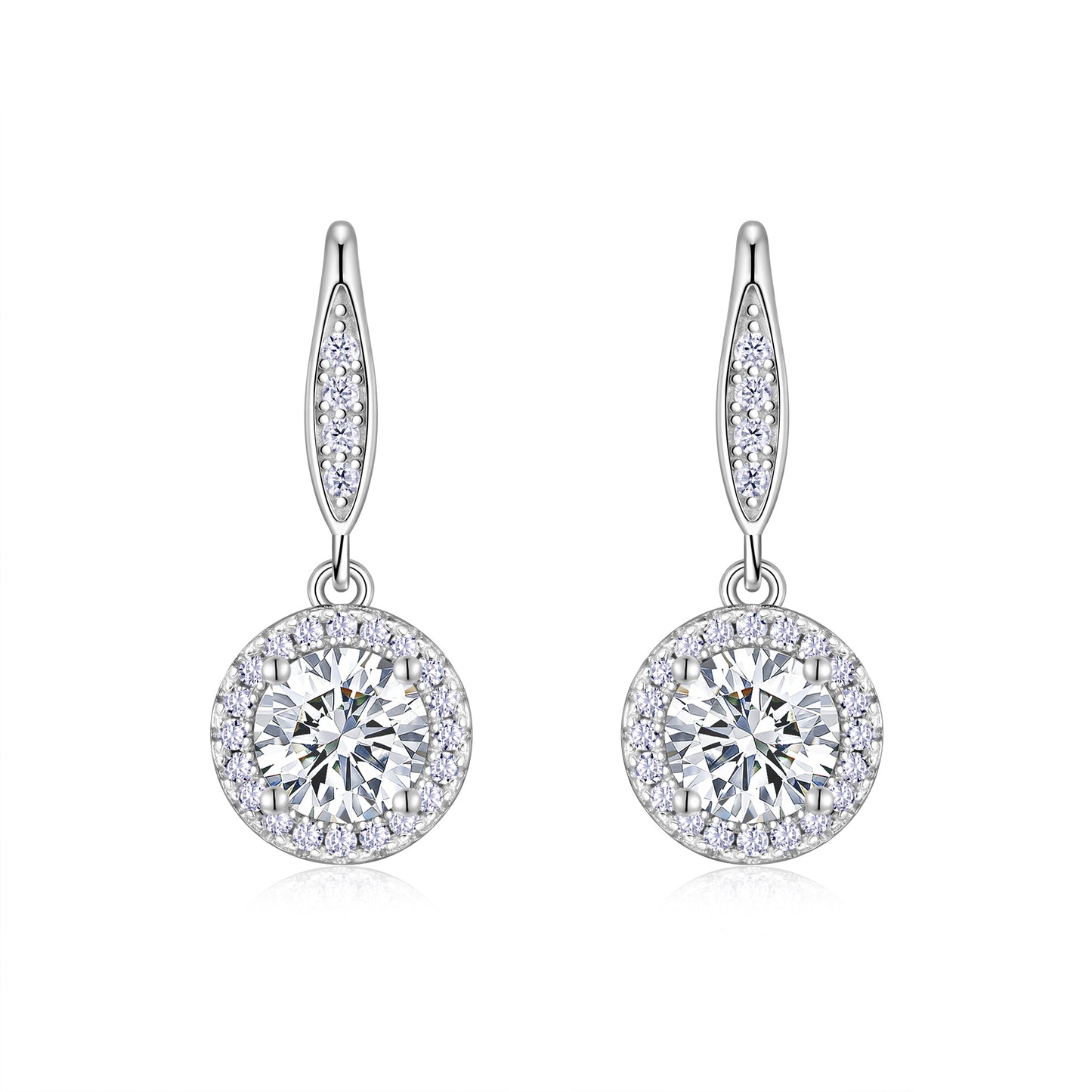 S925 Sterling Silver Halo Drop Earrings, 1ct D-VVS1 Moissanite, Lever Back Dangle With Pave Detail, Platinum Plated 3.3g, GRA Certificate Gift Box