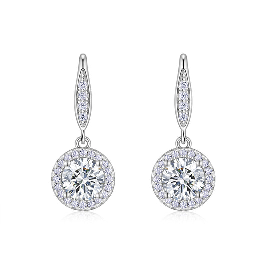 S925 Sterling Silver Halo Drop Earrings, 1ct D-VVS1 Moissanite, Lever Back Dangle With Pave Detail, Platinum Plated 3.3g, GRA Certificate Gift Box