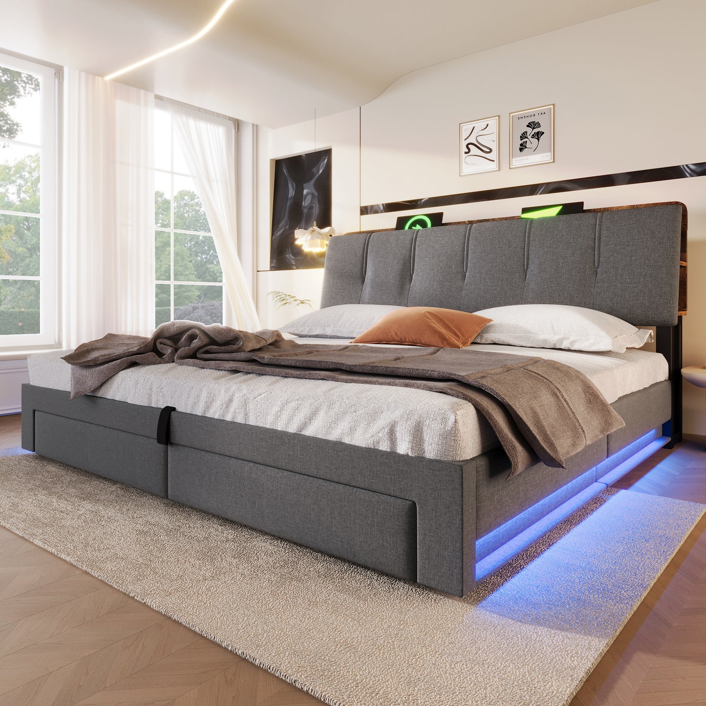 Upholstered Bed, 180x200 Cm, Hydraulic Storage, With USB Type-C Charging Function, Without Mattress, Multifunctional Storage, LED Lighting, Pushbutton Appdien, Linen, Grey