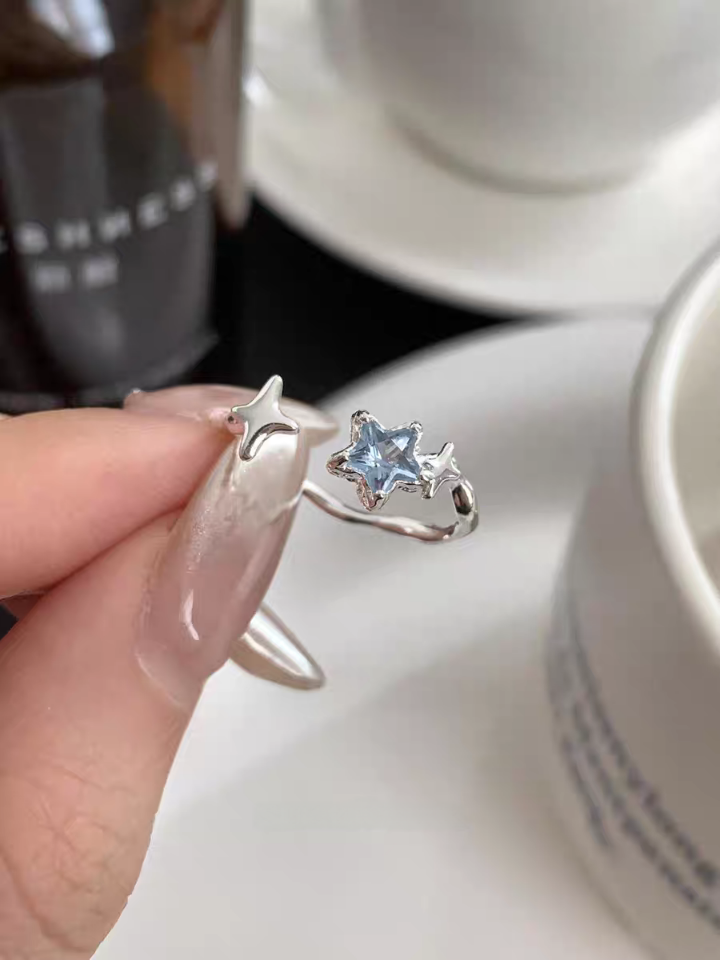 1pc 999 Sterling Silver Blue Zircon Star Open Ring, Fresh & Elegant Style, Perfect For Daily Wear & Valentine's Day Gift