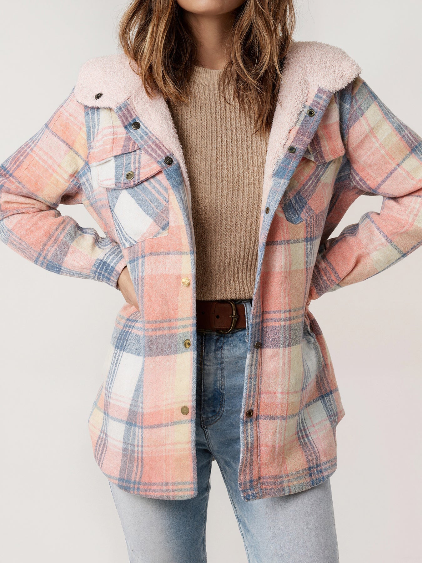 New Women's Fleece-lined Plaid Print Long-sleeved Hooded Jacket With Pockets, Perfect For Autumn And Winter.