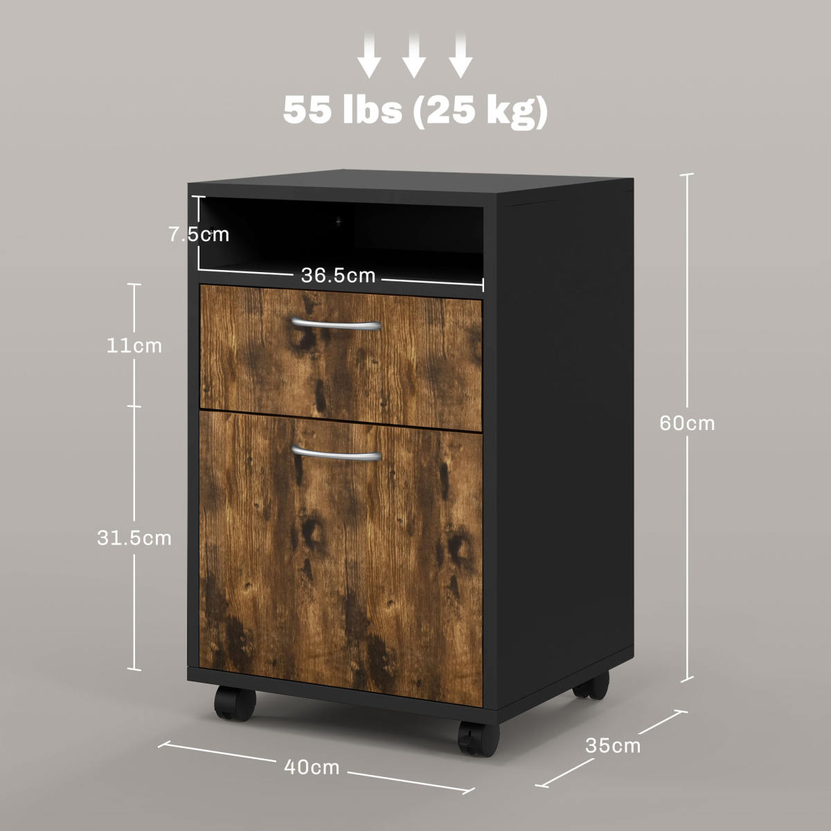 60cm Filing Cabinet With Drawer, Open Shelf, Metal Handles And 4 Wheels, Office Home Organiser Mobile Printer, Rustic Brown