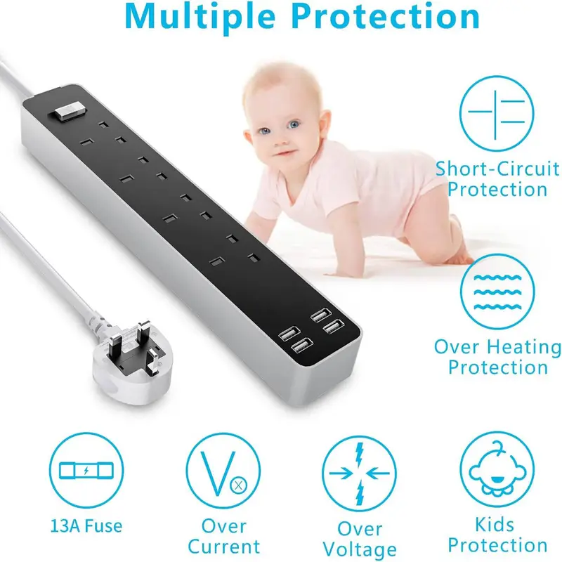 4-Socket Extension Lead With 4 USB 3.4A Smart Fast Charging Total Control 13A 3120W 1.6m Cord Fireproof PC & ABS UK