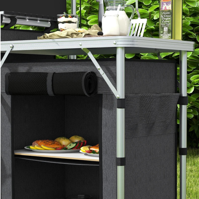 Aluminum Camping Kitchen, Portable Folding Camping Table With Fabric Cupboards, Windshield, Bag For BBQ, Picnic, Black