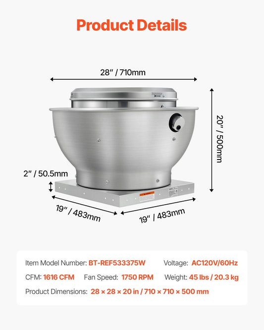 Commercial Kitchen Exhaust Fan, 1616 CFM Restaurant Canopy Hood Exhaust Fan, 0.5HP 375W Direct Drive Food Truck Hood Vent, High Speed & Low Noise, For Warehouse, Agriculture