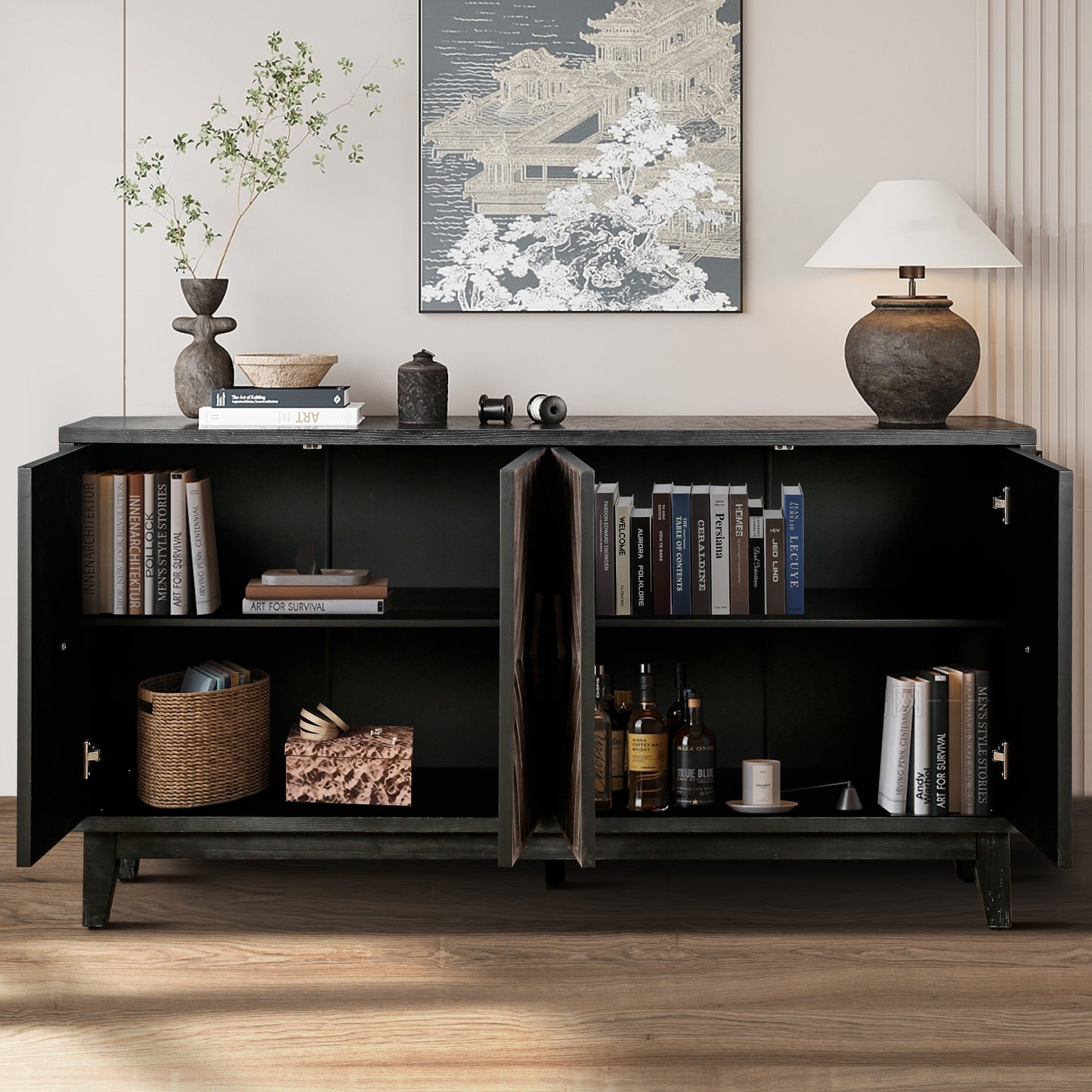 Mid Century Sideboard Buffet Cabinet With Solid Wood Legs 60  Kitchen Storage Cabinet Credenza With 4 Convex Pattern Diamond Doors And 2 Shelves Accent Console Table For Living Room  Entrance Hall Etc