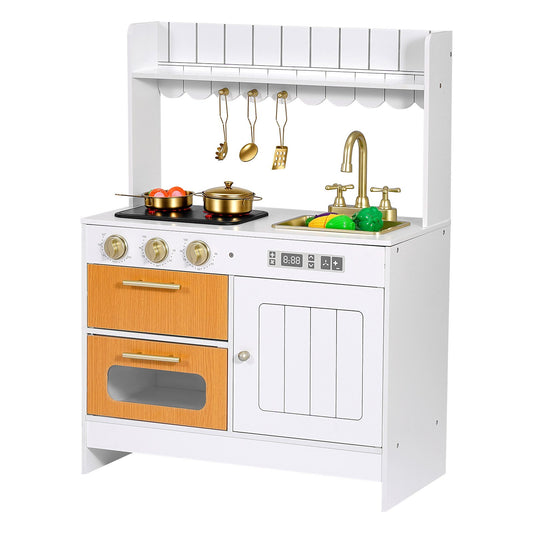 Play Kitchen For Kids, Wooden, Kids Kitchen Playset With Real Lights & Sounds, Food & Cookware Accessories, Pretend Play Toy Set, Sink, Oven, Stove, Cabinet, For Toddlers, Girls & Boys Ages 3-8