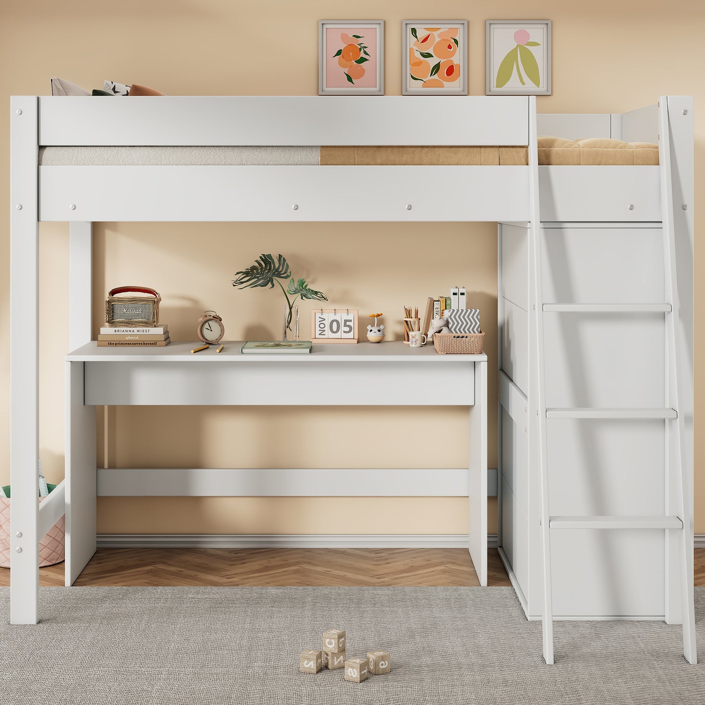 Children's Loft Bed, Multifunctional Children's Bed, With Ladder, With Desk, With Wardrobe, Freely Combinable, Without Mattress, Solid Wood, White 90X200