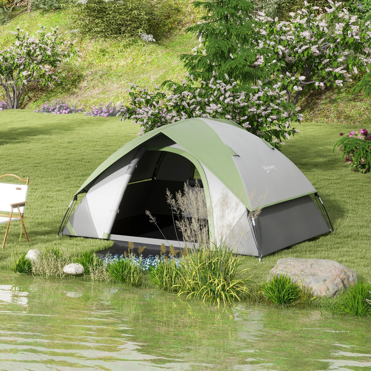 Two Man Single Room Dome Tent, With Accessories - Green/Grey