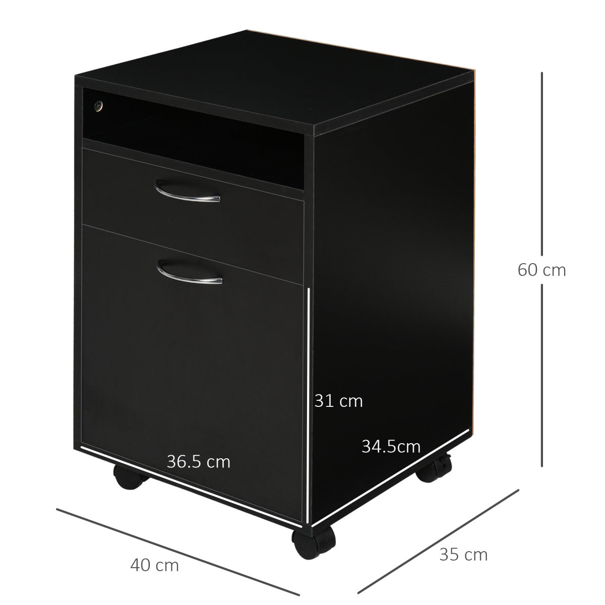 60cm Filing Cabinet With Drawer, Open Shelf, Metal Handles And 4 Wheels, Office Home Organiser Mobile Printer, Black