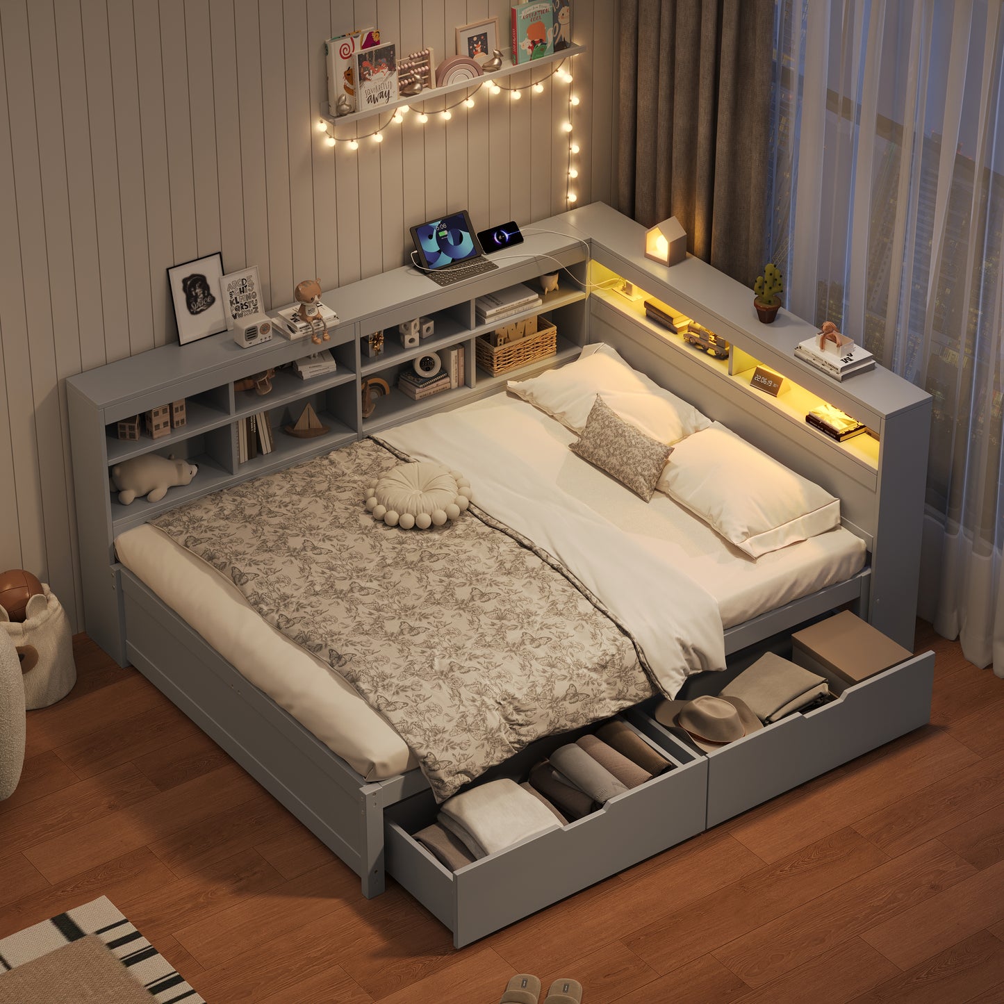 4ft6 Double Daybed With Two Storage Drawers And Beside Storage, LED Modern Bed Frame With Charging Station, Wood Bed For Living Room  Bedroom  Study Room, 135X190cm, Easy Assembly, Grey  No Mattress